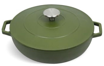 QULINART Sauteuse en fonte d'acier Poêle ronde 2.7L couvercle en fonte avec poignée en inox, Compatible tous feux dont induction, four, réfrigérateur, congélateur, lave-vaiselle - Vert Mat Ø 25 cm