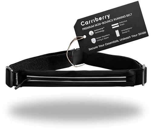 Carriberry Running Belt - Running Fanny Pack for Training, Jogging, and Walking, Slim, Waterproof, Expandable, Waist Bag, Money Keys Cards Phone Holder with Reflective Zipper (Black)