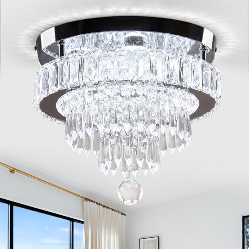 Modern Crystal Chandelier Ceiling Light,4-Tier K9 Crystal & Stainless Steel Flush Mount LED Ceiling Light, Energy-Efficient Cool White Light for Bedroom Living Room Hallway Kitchen Lighting 11.8