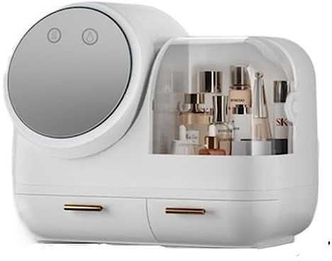 Sminklåda Makeup Organizer Box med LED-spegel och fläkt, kosmetisk förvaringsväska stor kapacitet, vattentät dammsäker hudvårdsorganisator for badrum, sminkbord, sovrum(Vit)