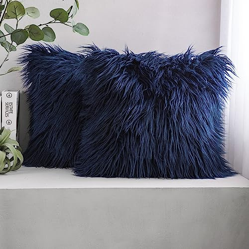 Phantoscope Pack of 2 Faux Fur Solid Throw Decorative Pillow Cover Cushion Covers Luxury Soft Decorative Pillowcase Fuzzy Pillow Covers for Bed/Couch,Navy Blue 18 x 18 Inches