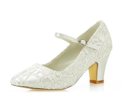 JIAJIA 62311C Kvinnor Brudskor Stängt Toe 7cm Tjock klack Spets Satäng Pumps Bröllopsskor Färg Elfenben,Storlek 42 EU (8 UK)