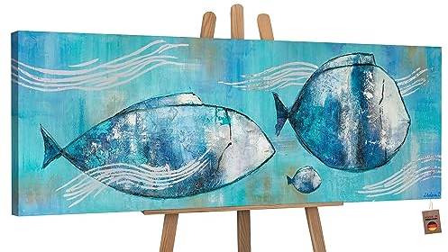 YS-Art Pintado en acrílico Familia del mar Cuadros contemporáneos Motivo Marino Decoración para Habitaciones Azules Brillantes 150x50 cm