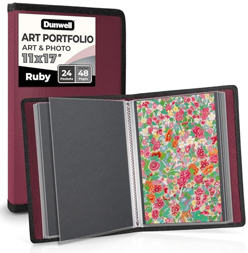 Dunwell Kunst-Portfolio-Mappe mit schwarzem Montagepapier, Präsentationsbuch zur Aufbewahrung von Kunstwerken, 24 klare Kunststoffhüllen, 48 Seiten, säurefreies Polymaterial, 27,9 x 43,2 cm, Rubin