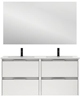 AMIZUVA | Ensemble De Meuble De Salle De Bain Suspendu Suki avec 4 Tiroirs | Largeur 120 cm | Comprend 2 Lavabos en Céramique | Finition Blanc Brillant | Meuble Double Lavabo | Meuble sous Lavabo
