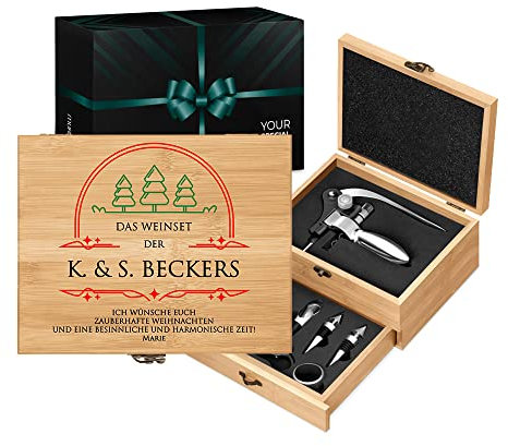 Maverton Weinöffner-Set personalisiert Weinset Sommelier Set - Geschenkbox Holzbox + 8er Weinzubehörset - aus Bambus - Braun - Geschenk zu Weihnachten Frauen Männer - Weihnachtswünsche