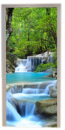 A.Monamour Türtapete Selbstklebend Türfolie Türposter 3D Thailand Erawan Nationalpark Blaue Kaskade Wasserfall Wald Natur Vinyl Folie Türdeko Tapete Wandbild Türaufkleber Türtattoo 83 x 204 cm