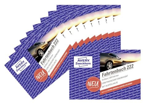 AVERY Zweckform 222–10 färdbok (för personbilar, erkänd av skattekontoret, A6 tvären, 80 sidor totalt 390 resor, för Tyskland och Österrike för att avgränsa privata/affärsresor) 10-pack