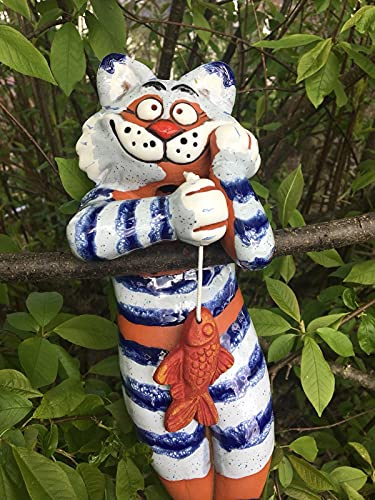villa-lilla * Katze mit Fisch * Gartenstecker Keramik Handarbeit frostfest Figur Beetstecker