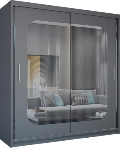 MN Furniture Modern Double Sliding Door Wardrobe 2 Mirrored Hanging Rails & Shelves Storage Cabinet for Bedroom (120cm, Marika Grey)