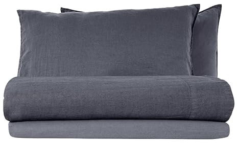 Lisola Completo Lenzuola Letto Singolo in Lino StoneWashed No Stiro, Lenzuolo Sopra 160x285cm, Lenzuolo Sotto 90x200x30cm, 1 Federa 50x80cm, Made in Italy, Modello: Exclusive, ColoreDenim