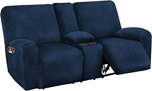 XVBVS Ruhesessel Sofa Bezüge aus Stretch-Samt, Weiche Stretchhusse für Relaxsessel Sesselbezug mit Mittelkonsole, rutschfeste 2-Sitzer-Sessel Überwurf für Wohnzimmer (Color : Navy)