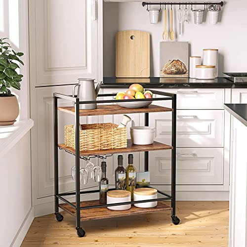 HYGRAD BUILT TO SURVIVE Kitchen Cart 3 Tier Rolling Industrial Design Rustic Look Wooden Kitchen Food Serving Cart Trolley With Wheels & Glass Hooks