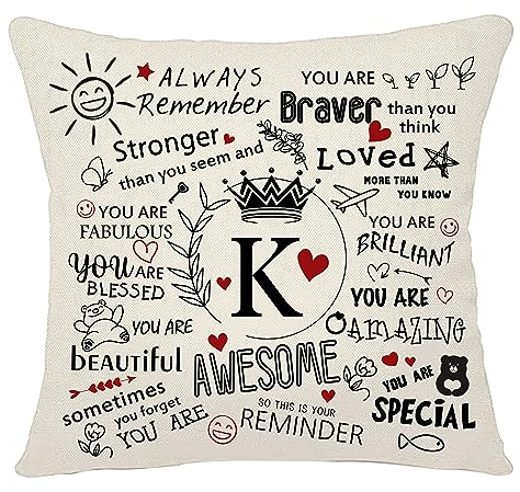 Bacmaxom Inspirational Quote Always Remember Cushion Cover with A-Z Initial Letters Inspirational Gifts for Women Men Girls Boys Family Friends Cheer Up Gift Positive Gift Graduation Birthday (K)