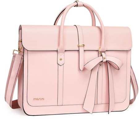 MOSISO Laptop Bag for Women, 15-15.6 inch PU Leather Laptop Shoulder Bags Convertible Backpack, 16 inch Messenger Bags Casual Handbag Work Briefcase Travel Computer Bag with Bowknot, Pink