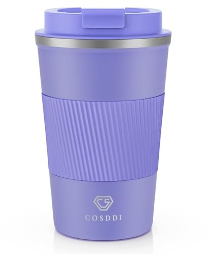 CS COSDDI Travel Mugs, Insulated Coffee Cup with Leakproof Lid - Reusable Coffee Cups Travel - Car Coffee Cup - Stainless Steel Coffee Mug for Hot and Cold Water and Tea, 380ml