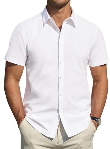 J.VER Men's Dress Shirts Regular Fit Stretch Stain Proof Short Sleeve Shirt Summer Casual Button Down Shirts for Men White XX-Large