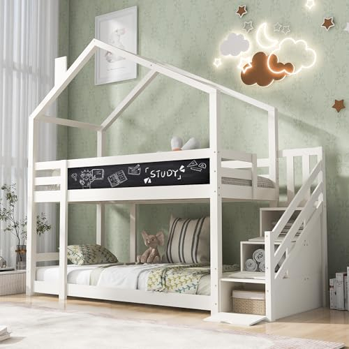 Dolamaní Hochbett für Kinder 90 x 200 cm, Kinderbett Baumhaus mit Rutsche & Leiter &Treppe, – 2X Lattenrost- Weiß (Schornstein & Treppe)