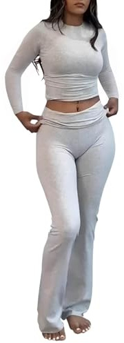 AYWA Women's 2 Piece Outfits Foldover Flare Pants Long Sleeve Crew Neck T-shirt Fitted Pajama Sets (Light Heather Grey, Medium)