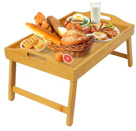 MorTime Bed Tray Table with Folding Legs, Bamboo Breakfast Tray with Handles for Bed, Sofa, Eating, Working, Foldable Laptop Desk Food Snack Tray Serving Tray