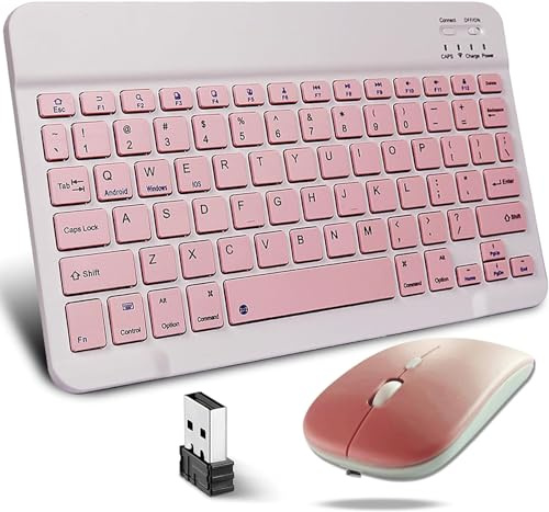 KeautFair Tragbar Drahtlos Bluetooth Tastatur und Maus Mäuse Set Dual QWERTY Layout Wiederaufladbar Schnurlos Ruhig 1200DPI Verstellbar Reise Windows/iOS/Android PC/Laptop/iPad/Smartphone(Rosa)