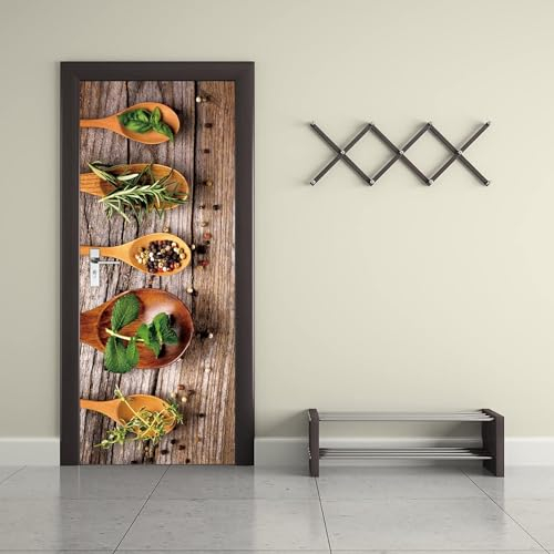 Door Stickers for Interior Doors Wooden Spoon for Seasoning 80 X 200 Cm Door Sticker Mural Living Room Children's Roombedroomofficekitchen Door PVC Self-Adhesive Waterproof Door Sticker 3D Wal 0