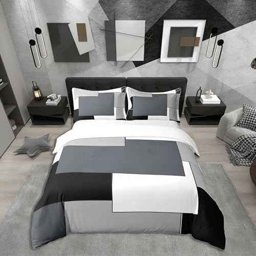 Homemissing Noir Géométrique 100% Coton Housse de Couette 240x260cm Moderne carré Parure de Lit Femmes Noir Gris Blanc Décoration Literie Set Géométrique Ensemble de lit avec 2 taie d'oreiller