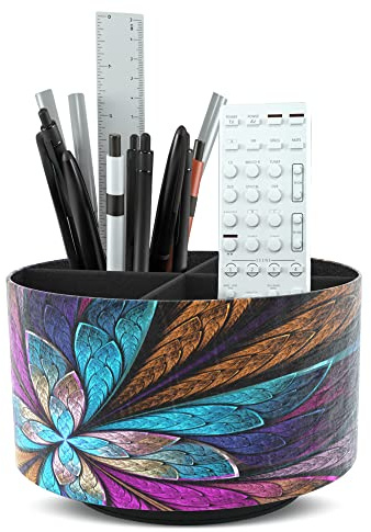 Czzmy Rund Stiftehalter,Leder,360° drehbar,Fernbedienungshalter, drehbarer Nachttisch, TV-Fernbedienung, Schreibtisch-Organizer für Stifte, Bürobedarf, Aufbewahrungsbox(1-Fraktalblüte)