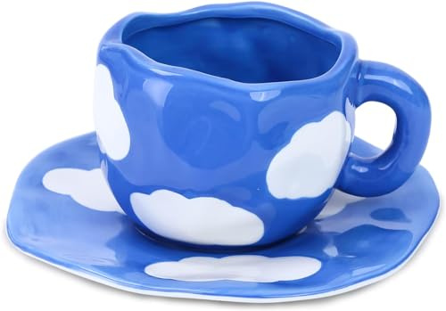 HUAMu Taza de cerámica artesanal,200 ml Juego de tazas de café de cerámica,nube Tazas y platillo conjunto,regalos de cumpleaños únicos (azul oscuro)