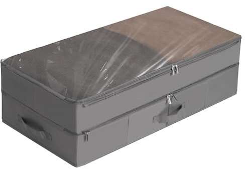 WELTRXE Under Bed Storage, Double Layer Large Underbed Storage Box with Lid, 70L Extensible Clothes Bag, Foldable Wardrobe Storage Organiser with Window for Blanket, Clothing, Shoes, Toy, Grey