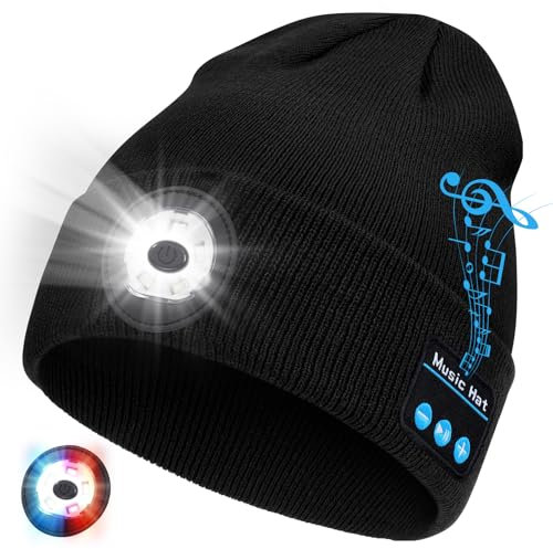 TOPIEI Gorro Bluetooth con luz, gorro de punto musical con auriculares, micrófono estéreo integrado, 5 LED superbrillantes, carga USB-C, gadgets geniales para hombres, papá, camping, correr, pesca,