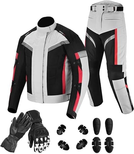 Vaster Moto Motorradanzug für Herren, wasserdichte Motorradjacke mit Hose und Handschuhen, Motorradanzug mit Cordura-Rüstung, abnehmbare Rüstung, silber, XL