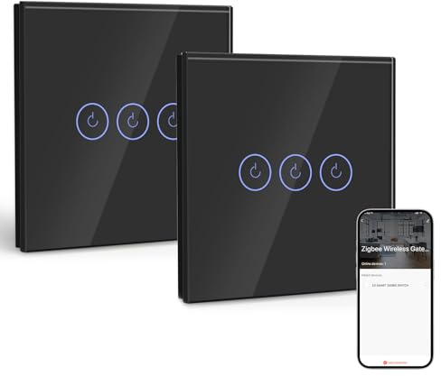 BSEED Smart ZigBee Interruptor 3 Gang 2 Vías, Interruptor de Pared Inteligente con Alexa y Google Home, Interruptor Táctil (Cable Neutro, Hub Gateway necesario) Negro