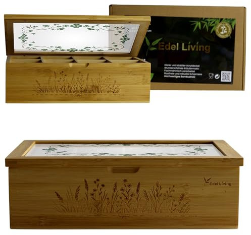 Edel Living Premium Teebox Holz mit 8 Fächern, Acrylglasfenster, Kräutergravur & Magnetverschluss - vielseitig verwendbar für teeboxen für teebeutel, Kaffeekapseln&mehr (Mattem Kleeblattzweigen)