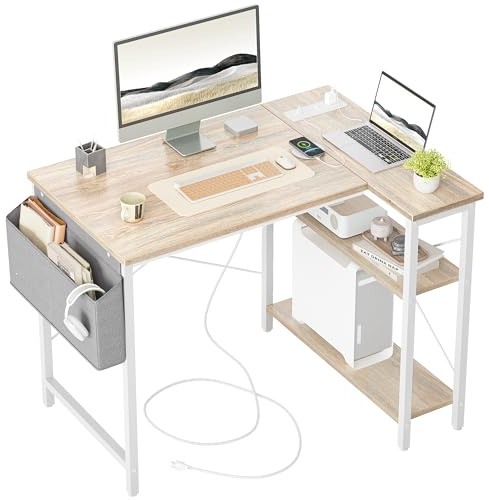TIQLAB L-format datorskrivbord med eluttag, 102 cm litet hörnskrivbord med vändbara hyllor, spelskrivbord, datorbord arbetsrum skrivbord för hemmakontor sovrum litet utrymme, lönn