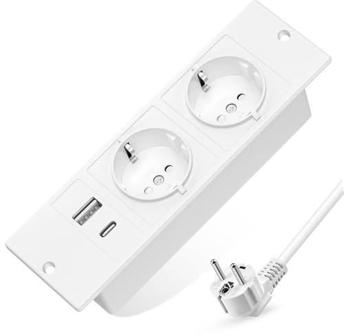 Versenkbare Steckdose 2 Fach, Einbau Steckdosenleiste mit USB, Einbausteckdose Mehrfachsteckdose, Tischsteckdose mit USB C, Tischplatte Versenkte Steckdose - 1,5M Kabel Weiß