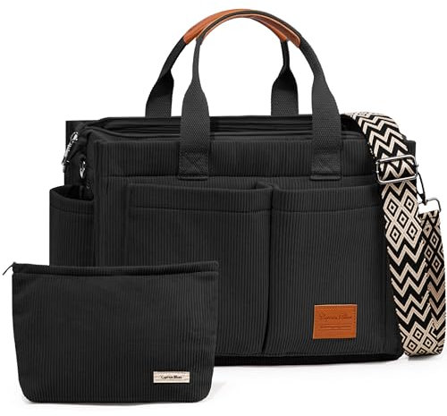 Captain Blues Cord Tasche Damen, Große Handtasche Shopper Tasche, Tasche Arbeit Damen, Umhängetasche mit Reißverschluss, Cord Tote Bag für Uni & Alltag (Schwarz)