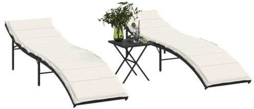 Myheimly Sonnenliegen Gartenliege Relaxliege Gartenmöbel Liege Strandliege 2 STK. mit Tisch Schwarz Poly Rattan