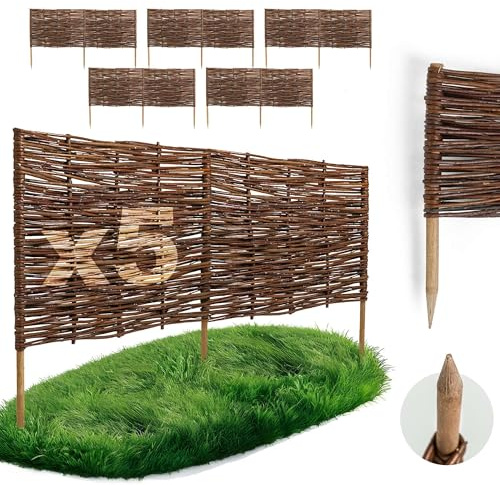 5 x BOGATECO Beeteinfassung aus Weide | 120 cm Lang & 30 cm Hoch | Holz-Zaun Rasenkante | Weiden-Zaun Steckzaun Perfekt für den Garten als Weg-Abgrenzung | Beetumrandungen | Dekorative Zäune