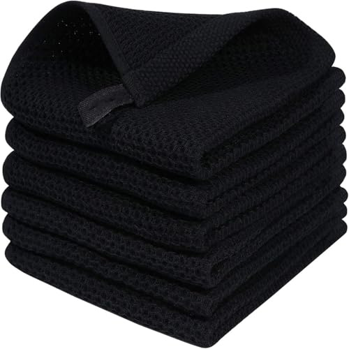 FRYSKYO Torchons de cuisine, lot de 6 torchons en tissage gaufré en coton noir, torchons de cuisine doux, absorbants et à séchage rapide pour la vaisselle et les surfaces, besoins de nettoyage