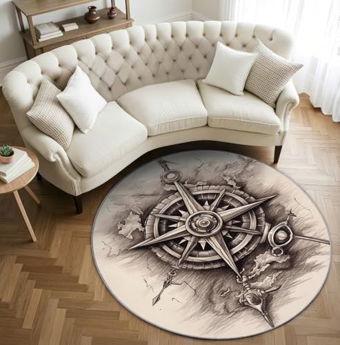 AevuCub Kompass Teppich Rund 90 cm Kurzflor - Waschbare Teppiche Wohnzimmer Vintage Nautisch Maritim - Runder Teppich 90 Durchmesser Kinderzimmer - Bettvorleger Schlafzimmer rutschfest Weich
