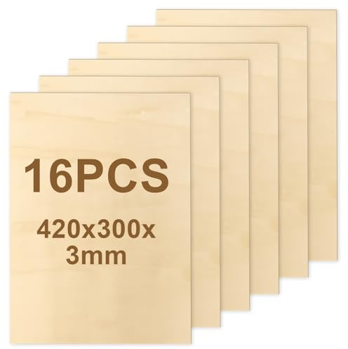 Lot de 16 plaques de contreplaqué A3 de 3 mm, 420 x 300 x 3 mm, en tilleul, contreplaqué, pour travaux manuels, bricolage, travail du bois, laser, pyrogravure, modélisme, cadeaux, décoration