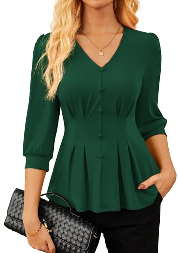 GRACE KARIN Women's Elegant Blouse Shirt V-Neck 3/4 Lantern Sleeve Shirt Pleated Stretch Knit Blouse Tops for Office Work