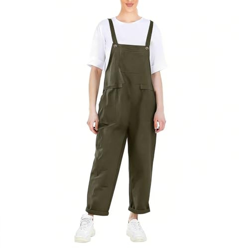Zidoley Dungarees for Women, UK Style Women's Dungarees Loose Adjustable Casual Jumpsuit for Ladies with Pockets, Adjustable Straps (XL, Green)