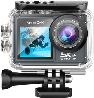 LICAEVEY Videocamera D'azione 5K WiFi con Doppio Schermo, Video Ultra HD 5K a 30 Fps e Foto da 50 MP, Grandangolo 170°, Fotocamera Subacquea Fino a 30 M per Vlogging sportivo.
