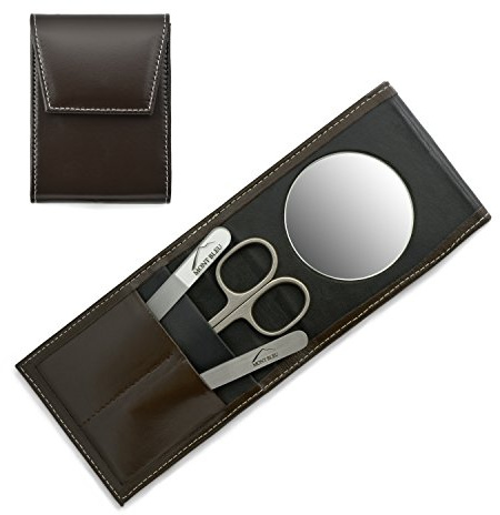 Mont Bleu Deluxe Set Manicure da 3 pezzi con specchio e lima per unghie in vetro, in astuccio di pelle marrone umber | Forbici italiane - Lima per unghie in vetro boemo - Astuccio made in Germany