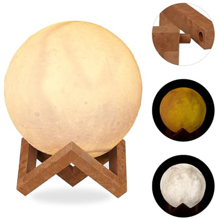 Relaxdays månlampa 3D, 2 färger, dimbar, touchsensor, trådlös, med stativ, för barn, månlampa LED, 15 cm, vit