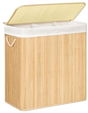 21Bamboo Wäschekorb aus 100% Bambus – 150L XXL Wäschesammler mit 3 Fächern & Deckel – Stabiler Bambus Wäschebehälter für Bad & Schlafzimmer – Faltbar, Leicht & Stilvoll, 63x60x40 cm