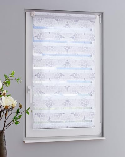 DECOLIA by Garesa Duo Rollo - Doppelrollo Klemmfix ohne Bohren 110 x 150 cm - Weißer Stoff mit grauen Kreisen, Fenster Sichtschutz und Lichtschutz, Mit Kettenzug