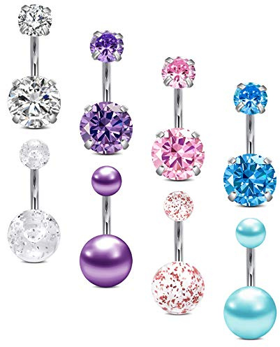 JFORYOU 14G Acciaio Inossidabile Piercing Ombelico Barre Ombelico Anelli Opale Perla CZ Inlaid 8mm Curvo Barbell Piercing Gioielli